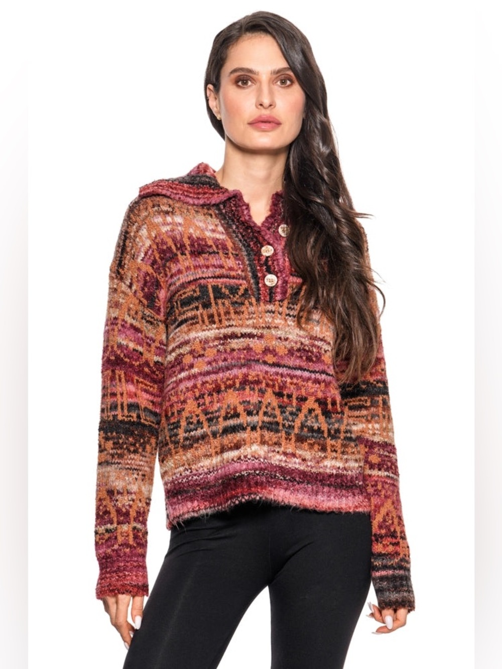 NWT Adore Rustic Knit Henley Sweater Medium Multicolor Earth Tone Artisan Collar